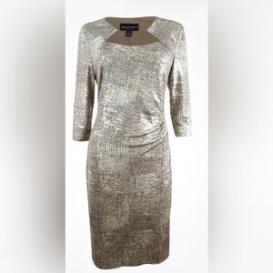 Connected Apparel Women's Metallic Draped Sheath Gold 3/4 Sleeves Dress Size 10